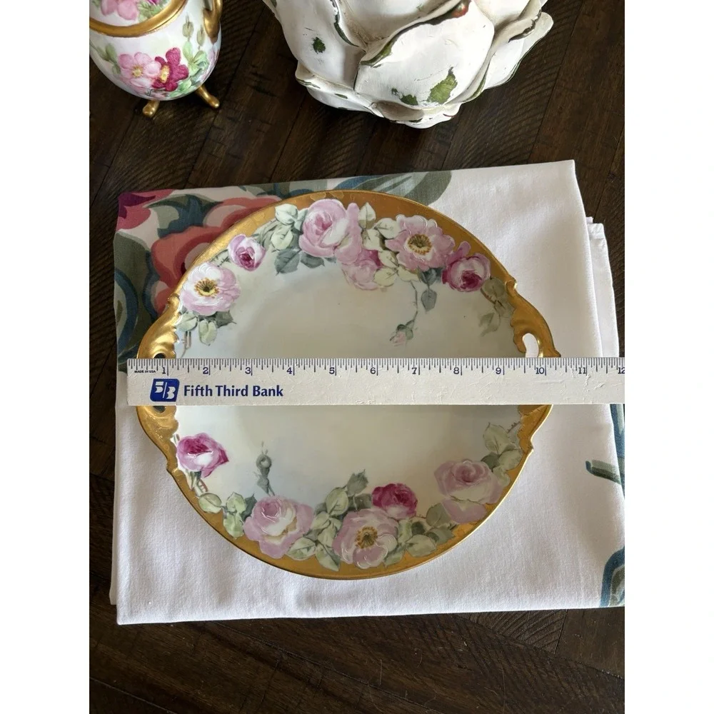 VTG MZ Austria Hand Painted Roses Porcelain Cake Plate Gold Handles Limoges Like
